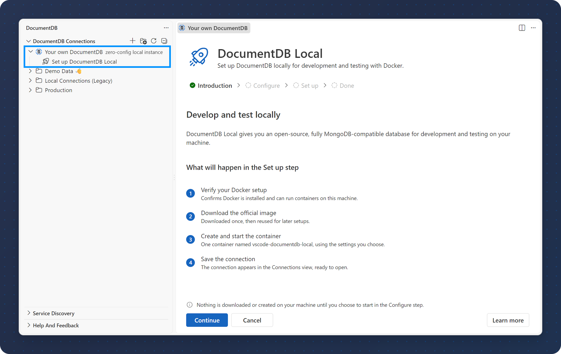 DocumentDB Local setup in VS Code with the Introduction, Configure, Set up and Done steps