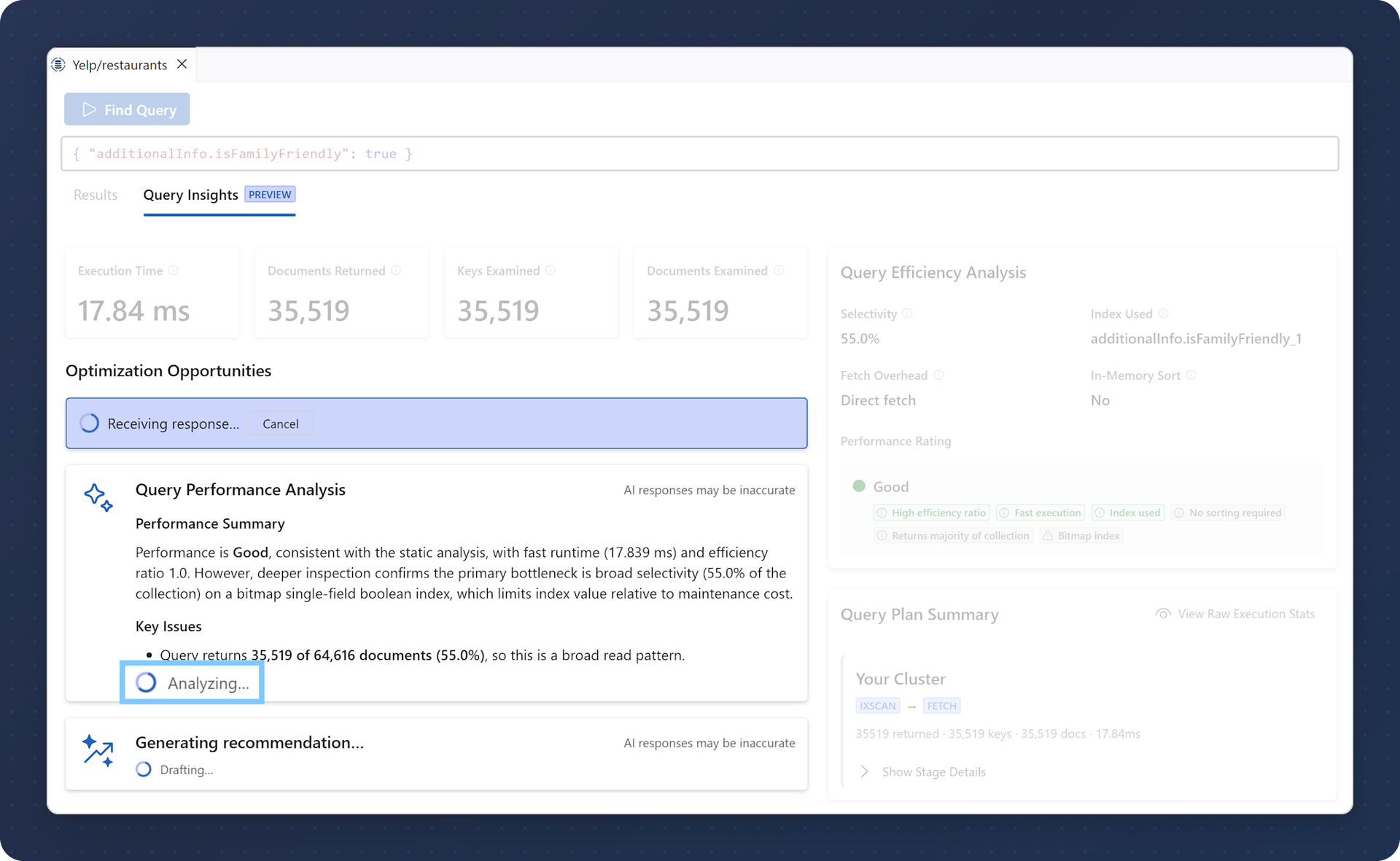 Query Insights streaming an AI performance analysis next to the query plan summary